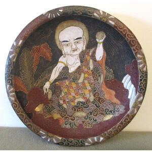 Antique Japanese Edo Period Moriage Slip Pottery Charger Plate Deity Immortal